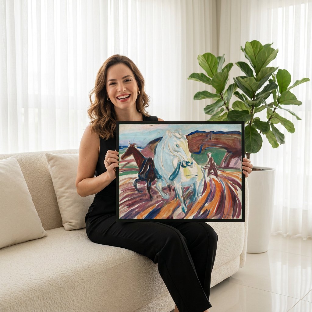 Quadro Decorativo Cavalos Selvagens - Edvard Munch | modelo apresentando o quadro emoldurado