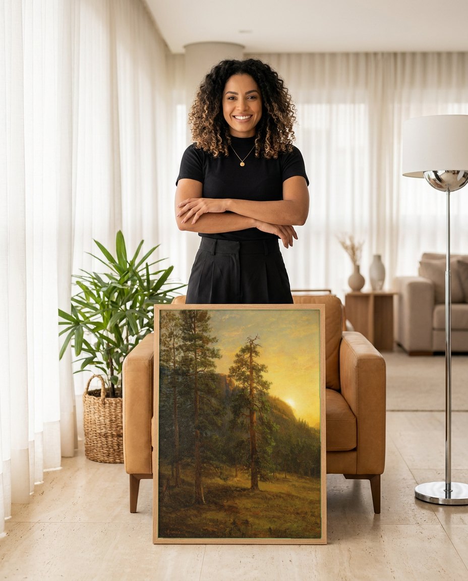 Quadro Decorativo Pôr do Sol na Floresta - Albert Bierstadt | modelo apresentando o quadro emoldurado