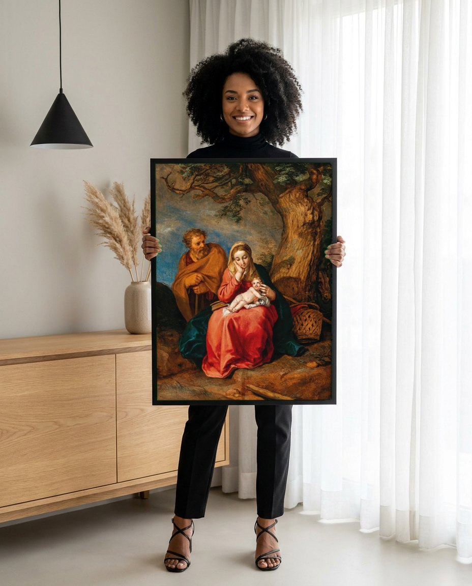 Quadro Decorativo A Sagrada Família - Abraham Bloemaert | modelo apresentando o quadro emoldurado