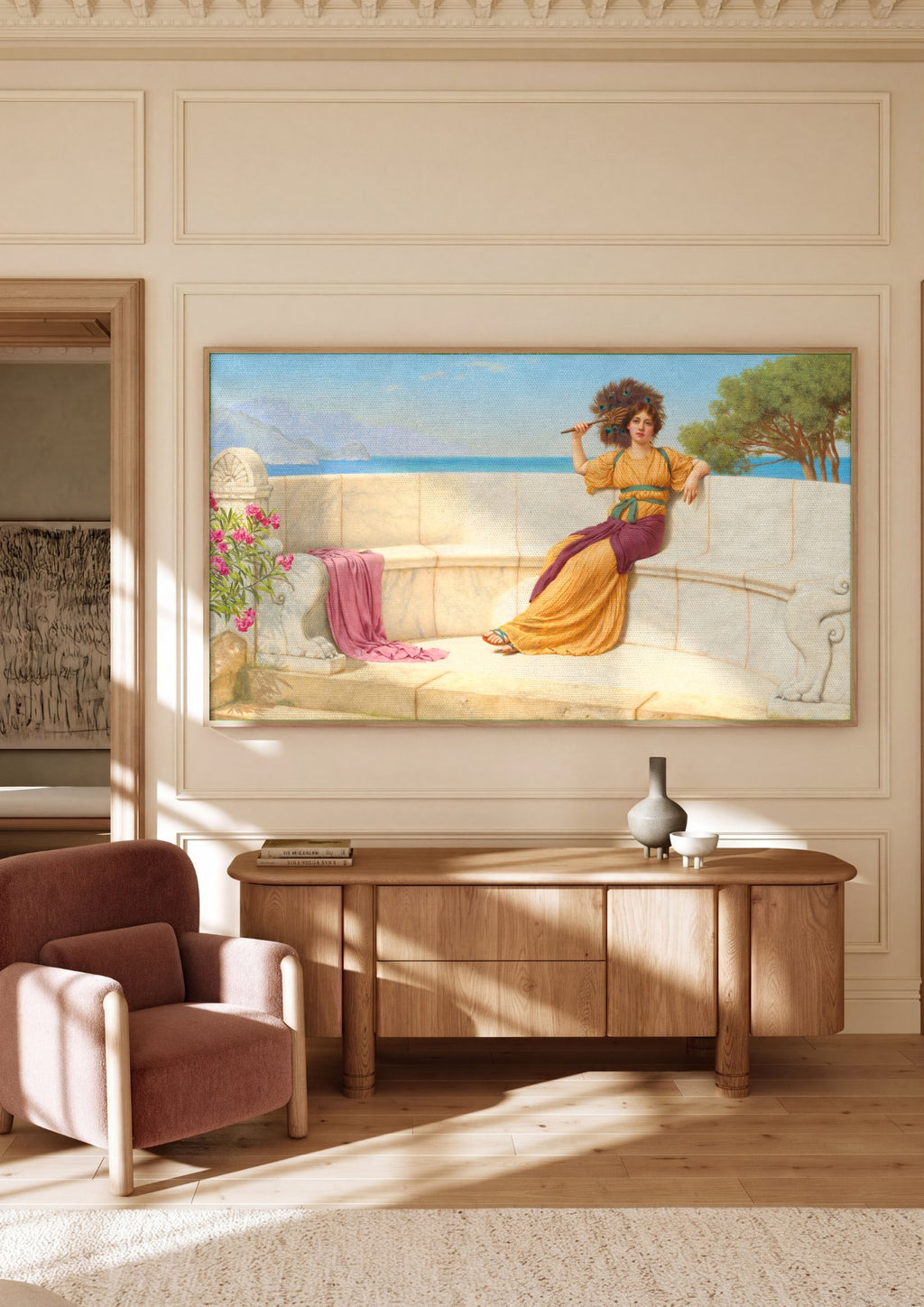 Quadro Decorativo A Lady com Leque de Pavão - Godward | quadro emoldurado na parede