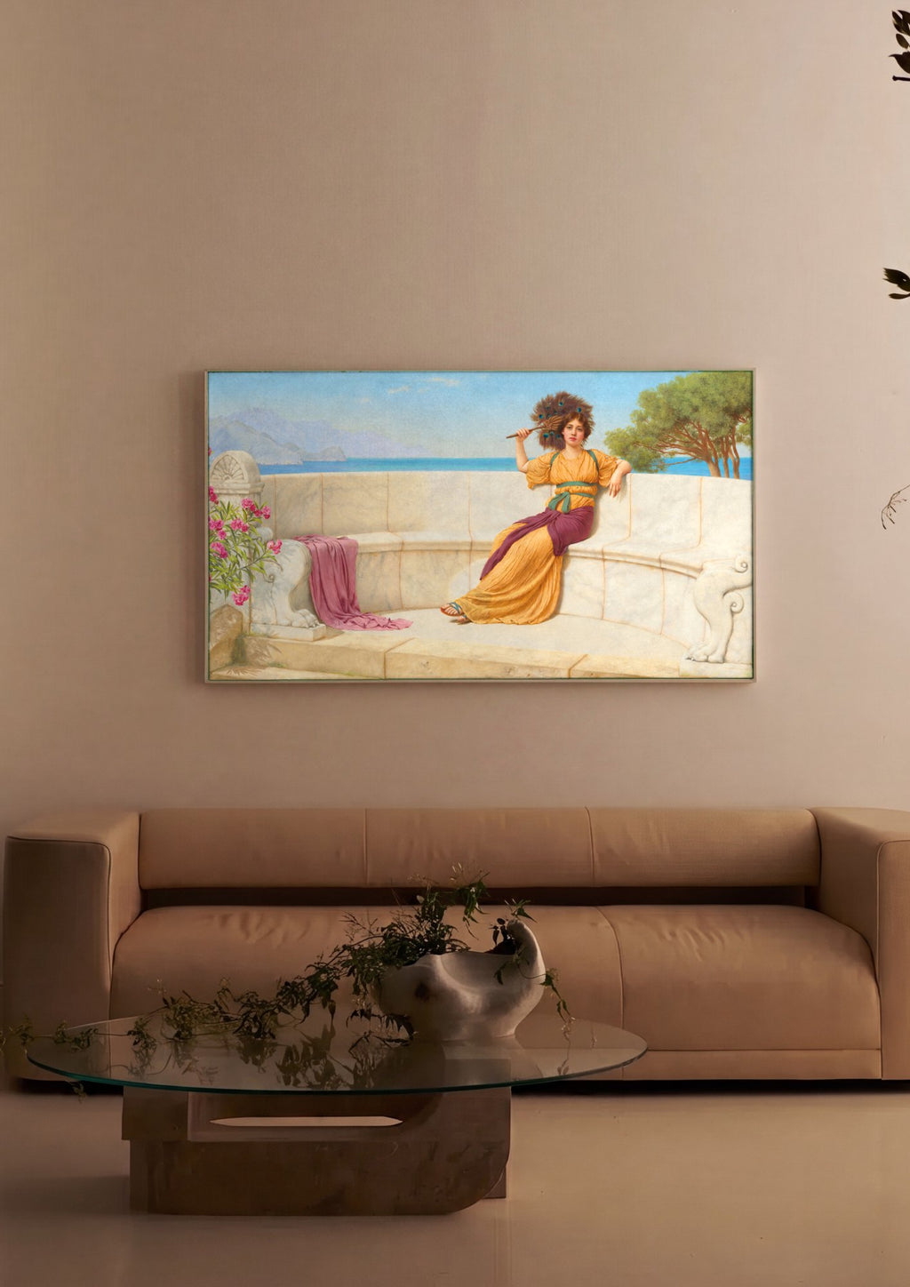 Quadro Decorativo A Lady com Leque de Pavão - Godward | quadro emoldurado na parede