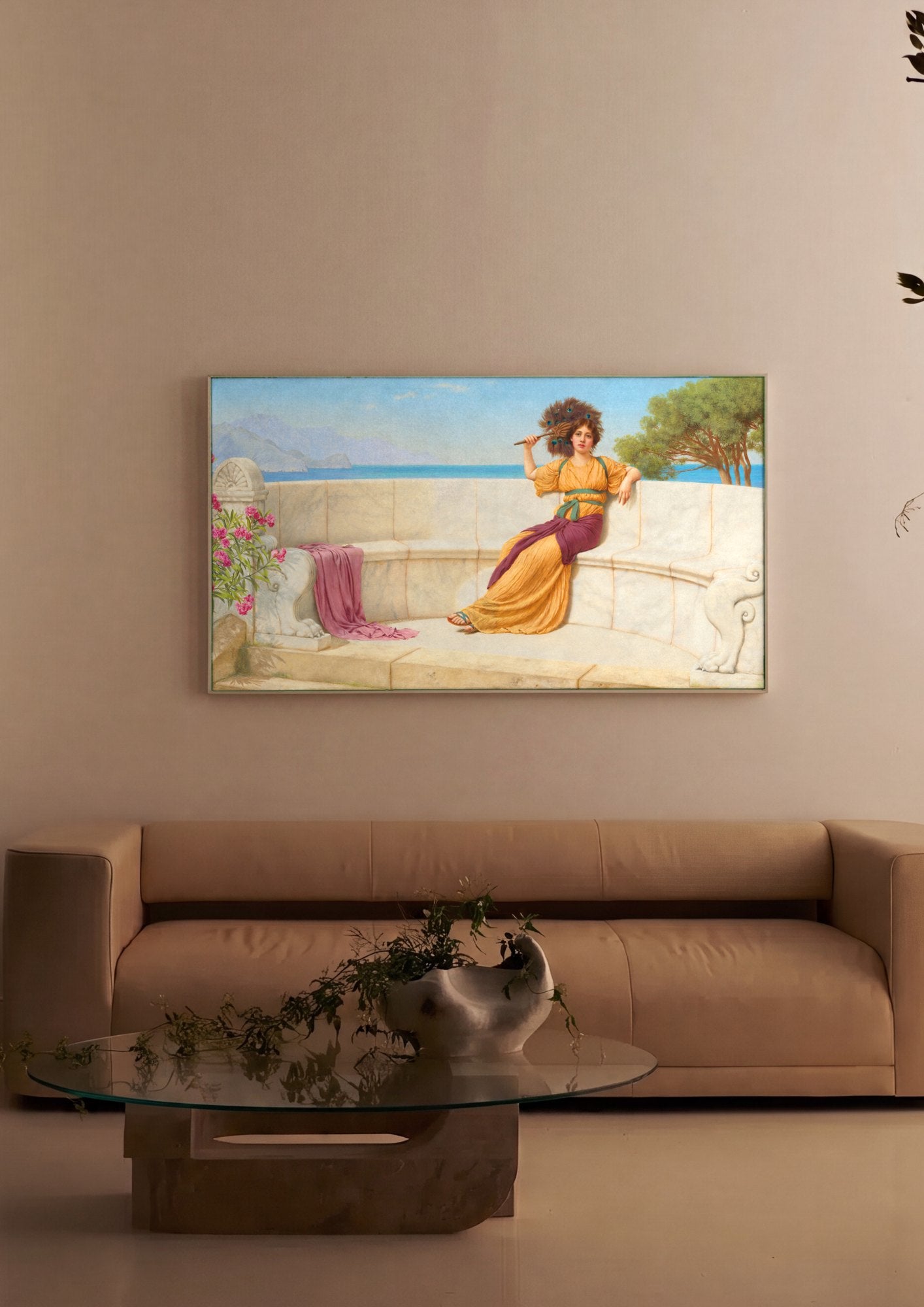 Quadro Decorativo A Lady com Leque de Pavão - Godward | quadro emoldurado na parede