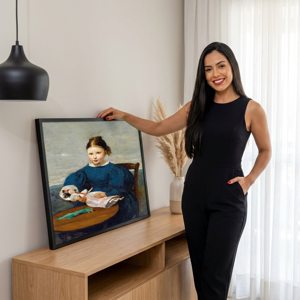 Quadro Decorativo A Menina e sua Boneca - Corot | modelo apresentando o quadro emoldurado