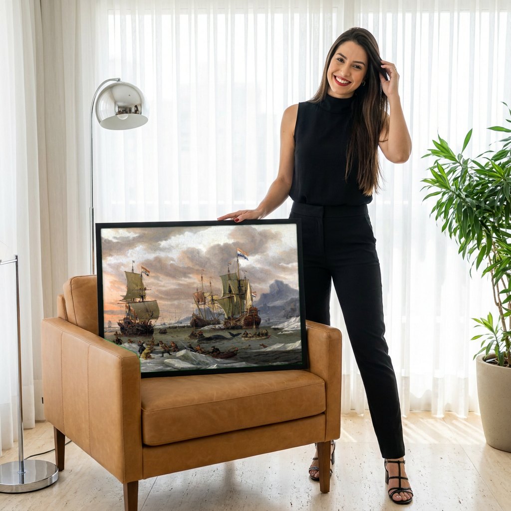 Quadro Decorativo A Caça à Baleia - Abraham Storck | modelo apresentando o quadro emoldurado