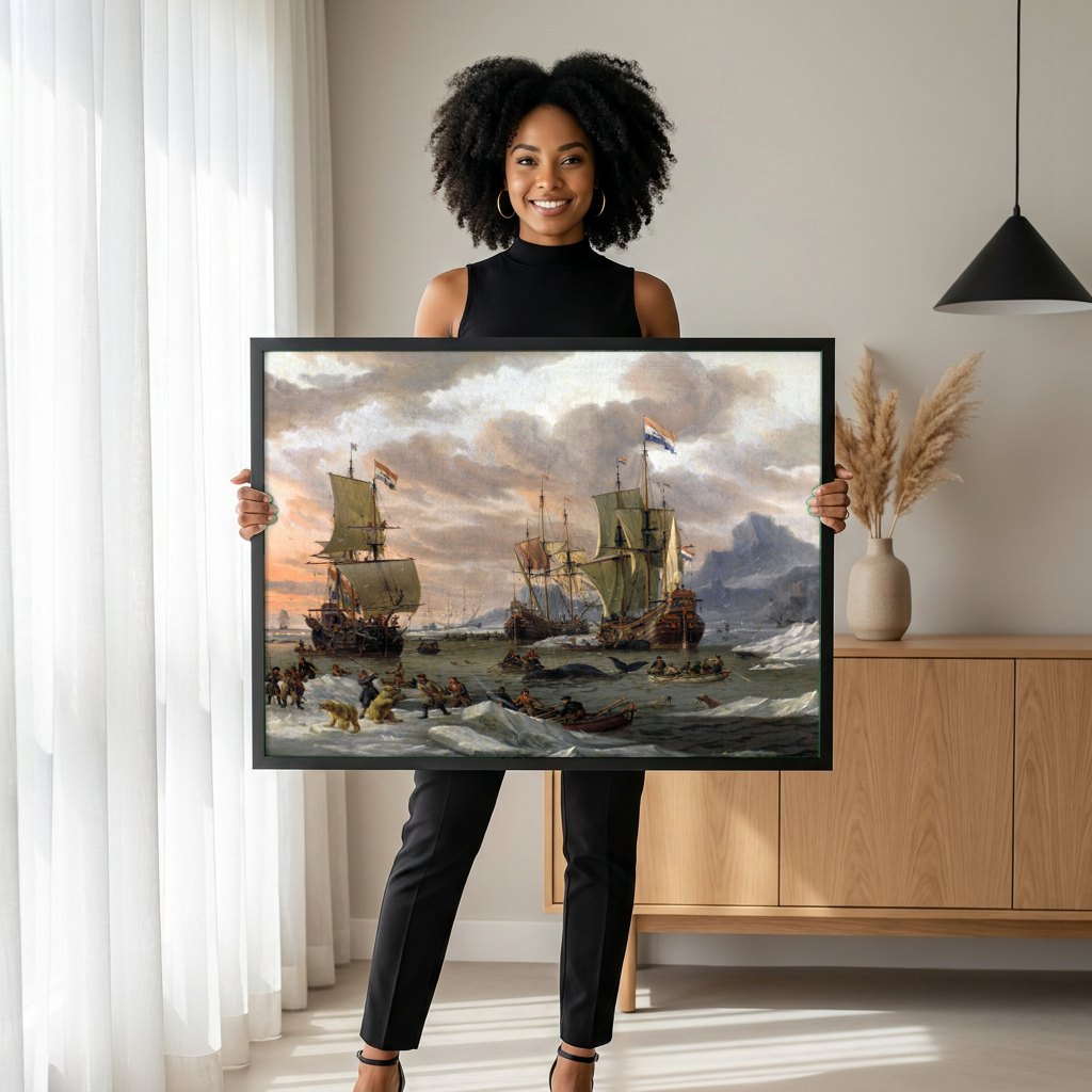 Quadro Decorativo A Caça à Baleia - Abraham Storck | modelo apresentando o quadro emoldurado