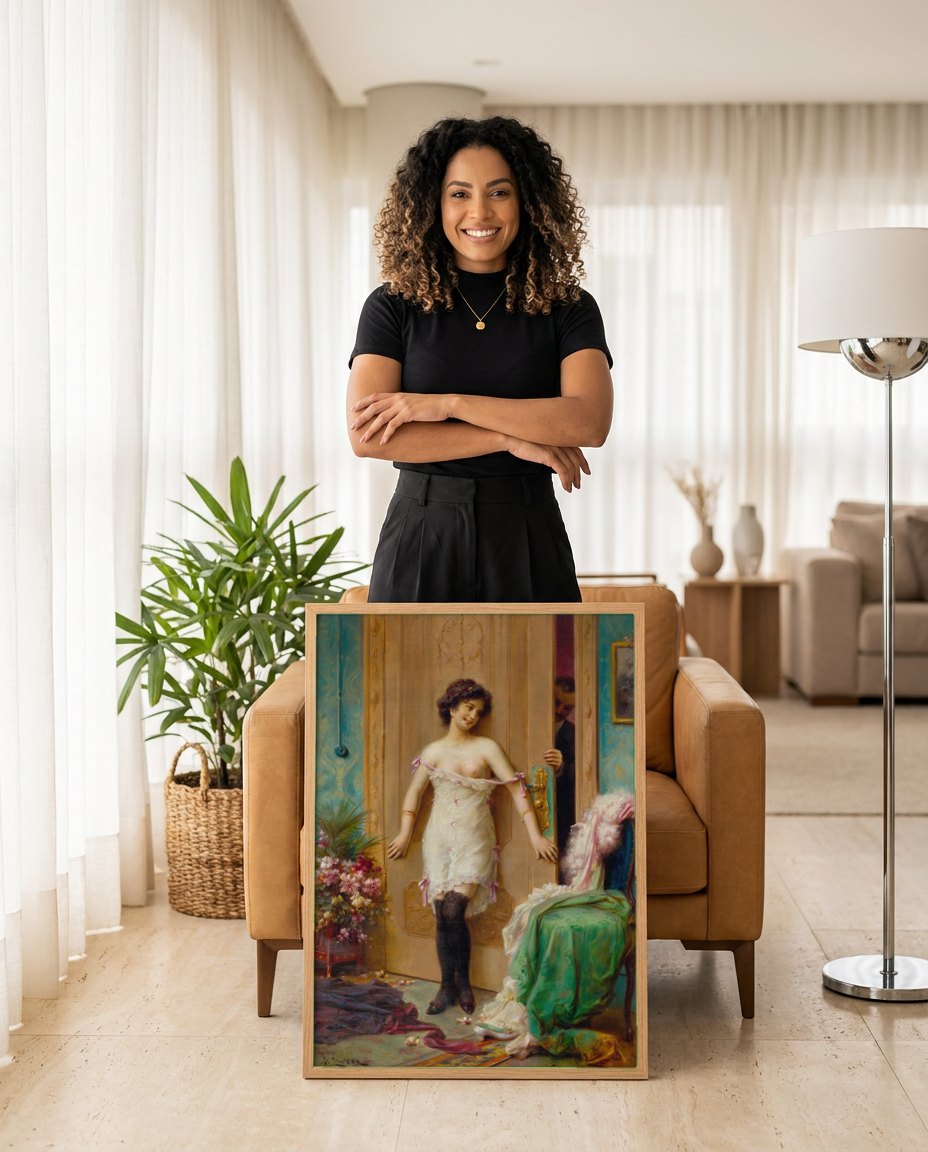 Quadro Decorativo A Surpresa – Hans Zatzka | modelo apresentando o quadro emoldurado