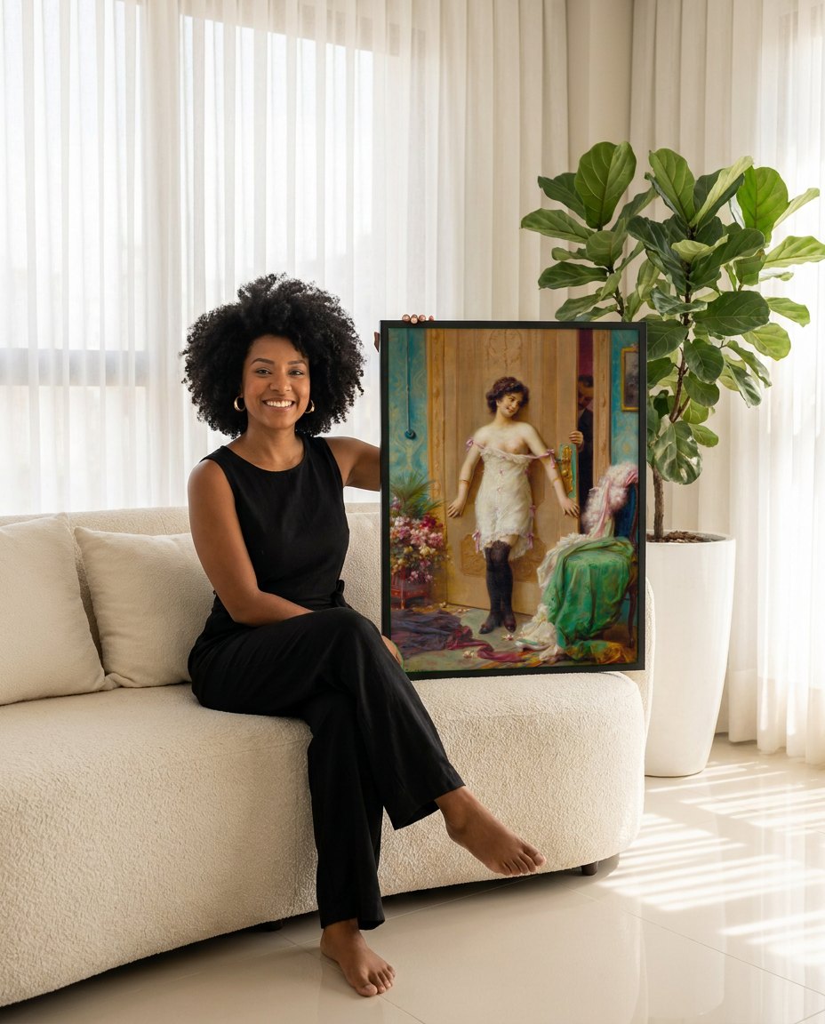 Quadro Decorativo A Surpresa – Hans Zatzka | modelo apresentando o quadro emoldurado