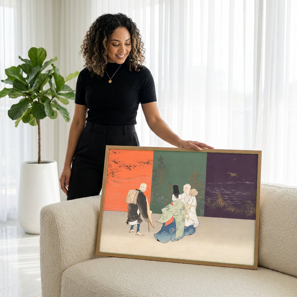 Quadro Decorativo Cena Japonesa - Kamisaka Sekka | modelo apresentando o quadro emoldurado