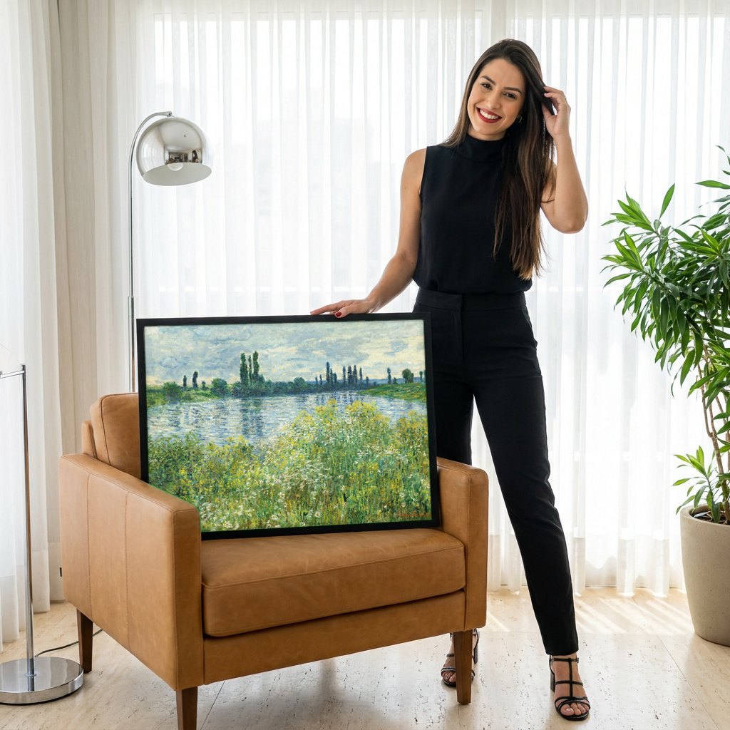 Quadro Decorativo Campo de Papoulas em Argenteuil - Claude Monet | modelo apresentando o quadro emoldurado