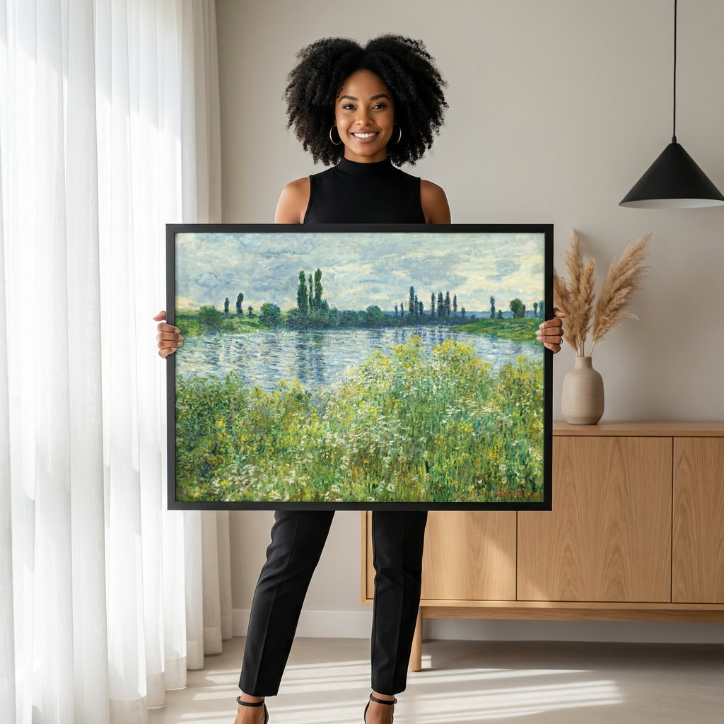 Quadro Decorativo Campo de Papoulas em Argenteuil - Claude Monet | modelo apresentando o quadro emoldurado