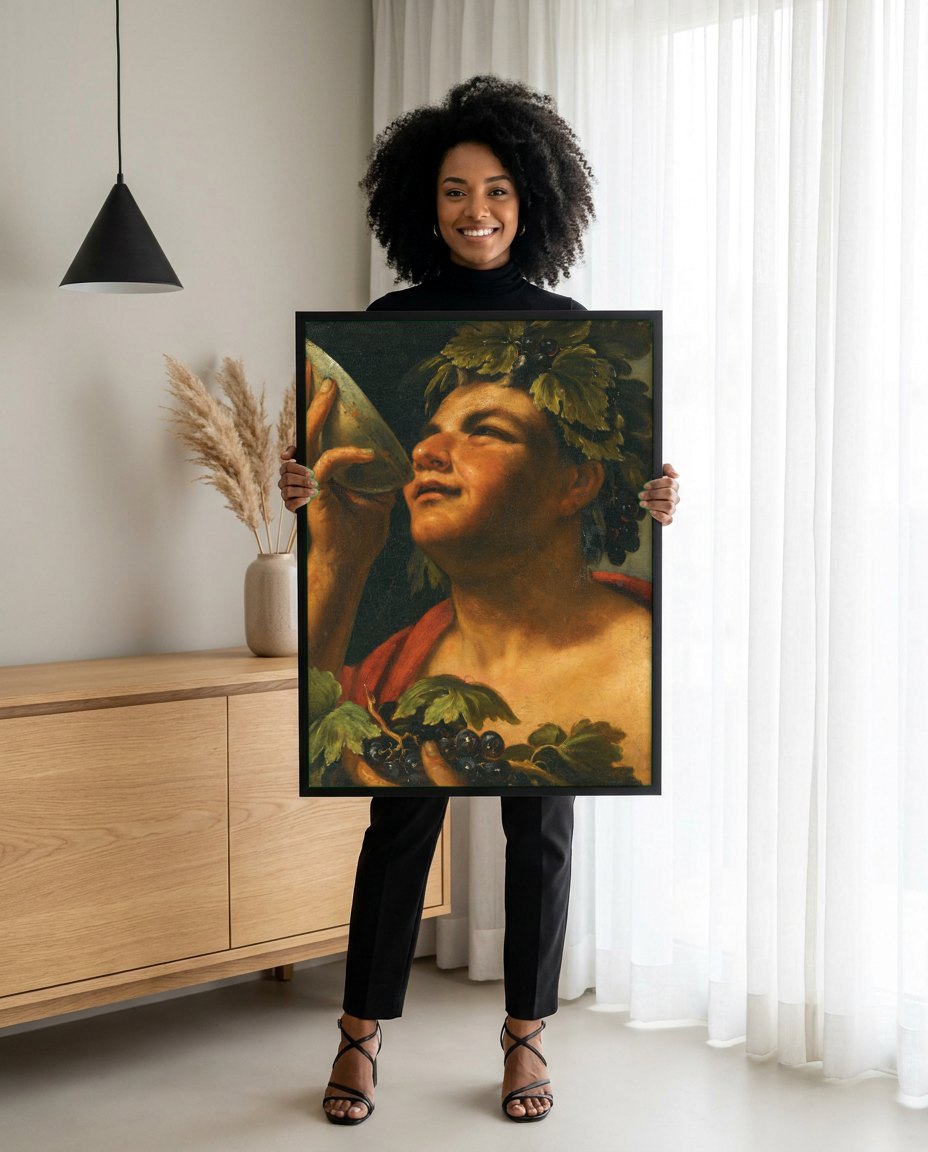 Quadro Decorativo Baco Jovem (Bacchino Malato) - Caravaggio | modelo apresentando o quadro emoldurado