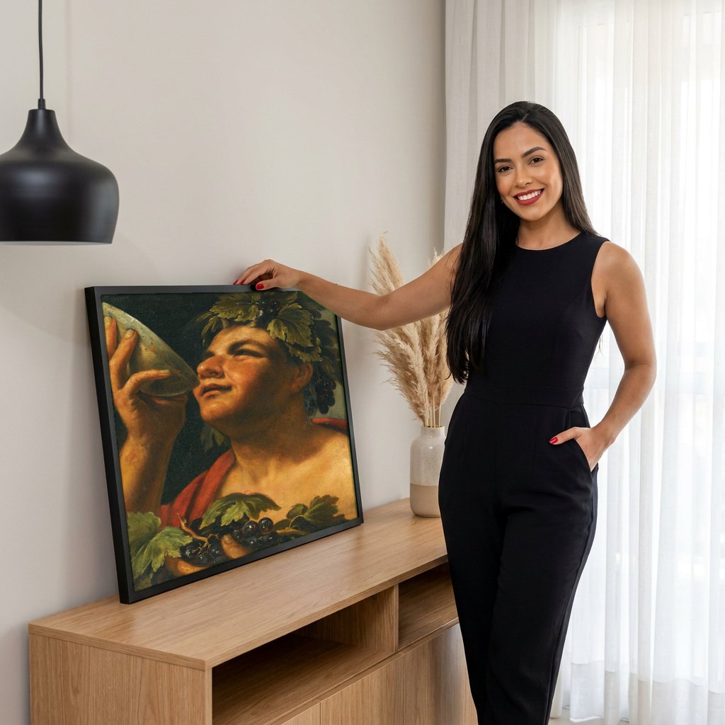 Quadro Decorativo Baco Jovem (Bacchino Malato) - Caravaggio | modelo apresentando o quadro emoldurado