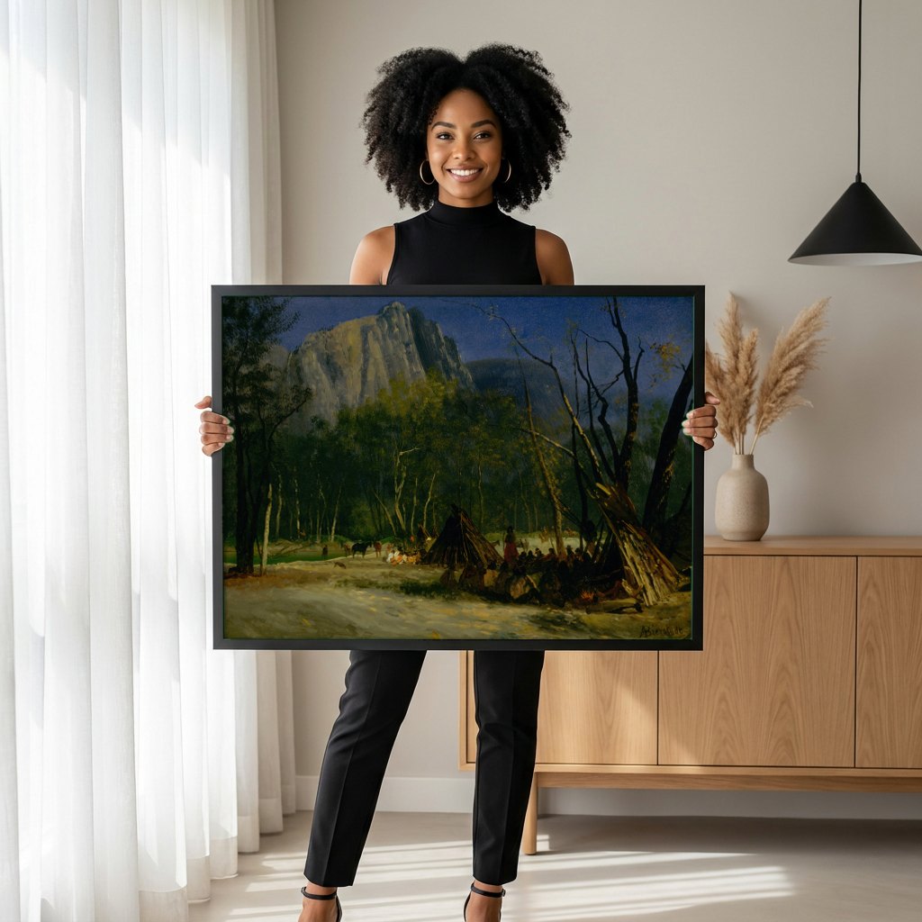 Quadro Decorativo Acampamento Indígena à Noite - Bierstadt | modelo apresentando o quadro emoldurado