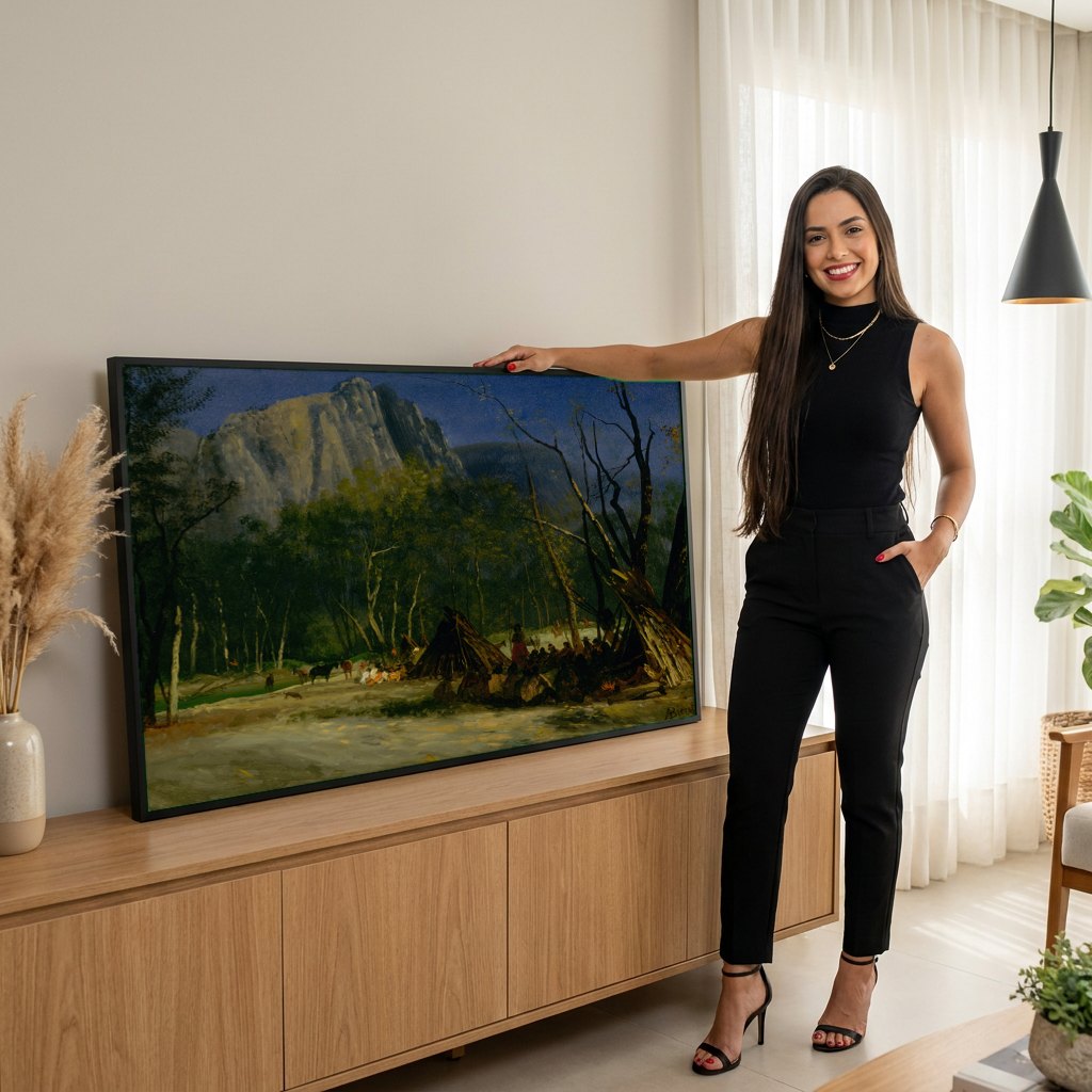 Quadro Decorativo Acampamento Indígena à Noite - Bierstadt | modelo apresentando o quadro emoldurado