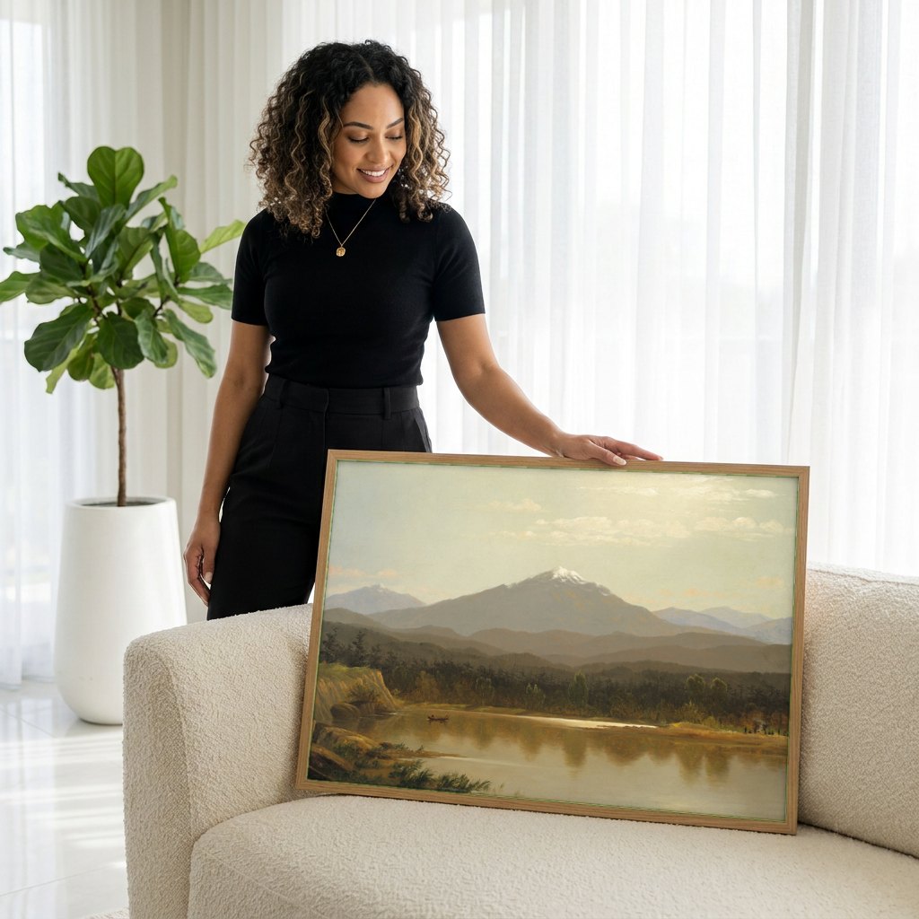 Quadro Decorativo Montanhas Refletidas - Albert Bierstadt | modelo apresentando o quadro emoldurado