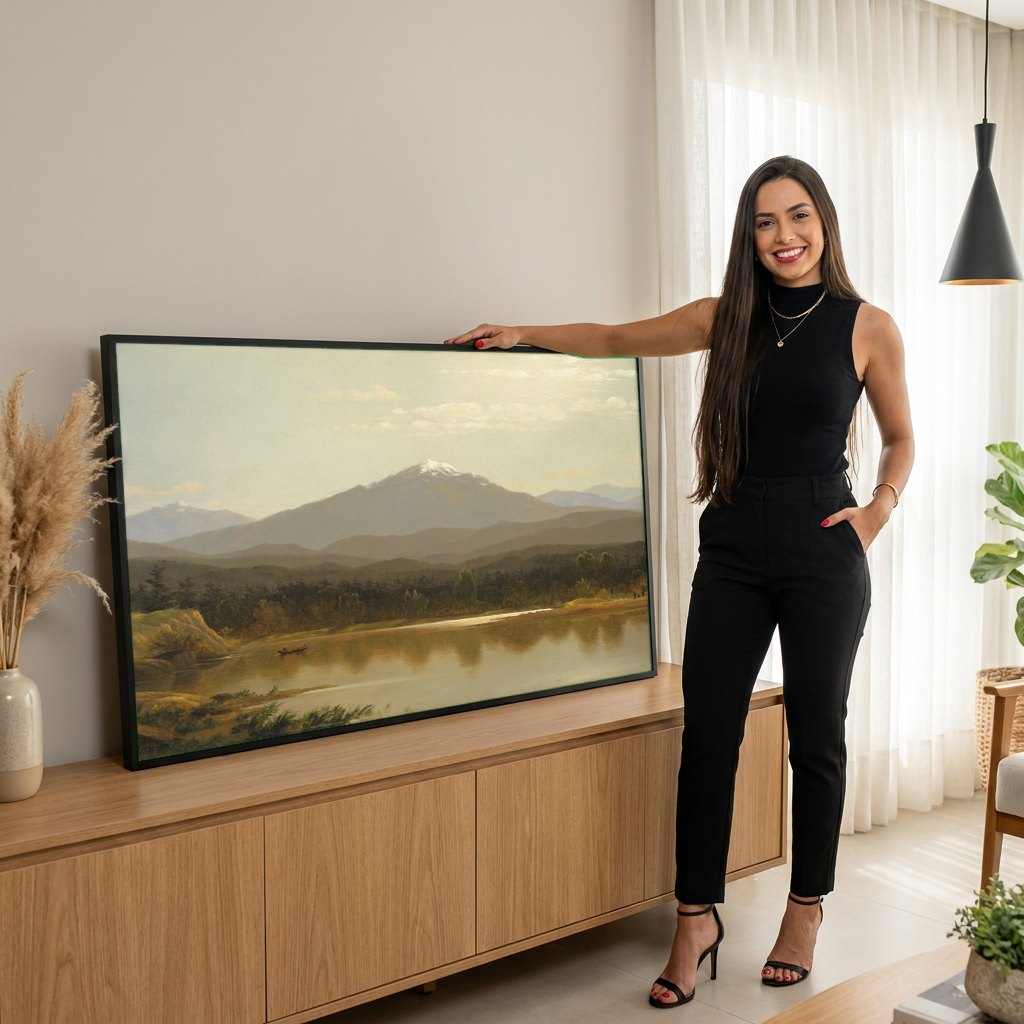 Quadro Decorativo Montanhas Refletidas - Albert Bierstadt | modelo apresentando o quadro emoldurado