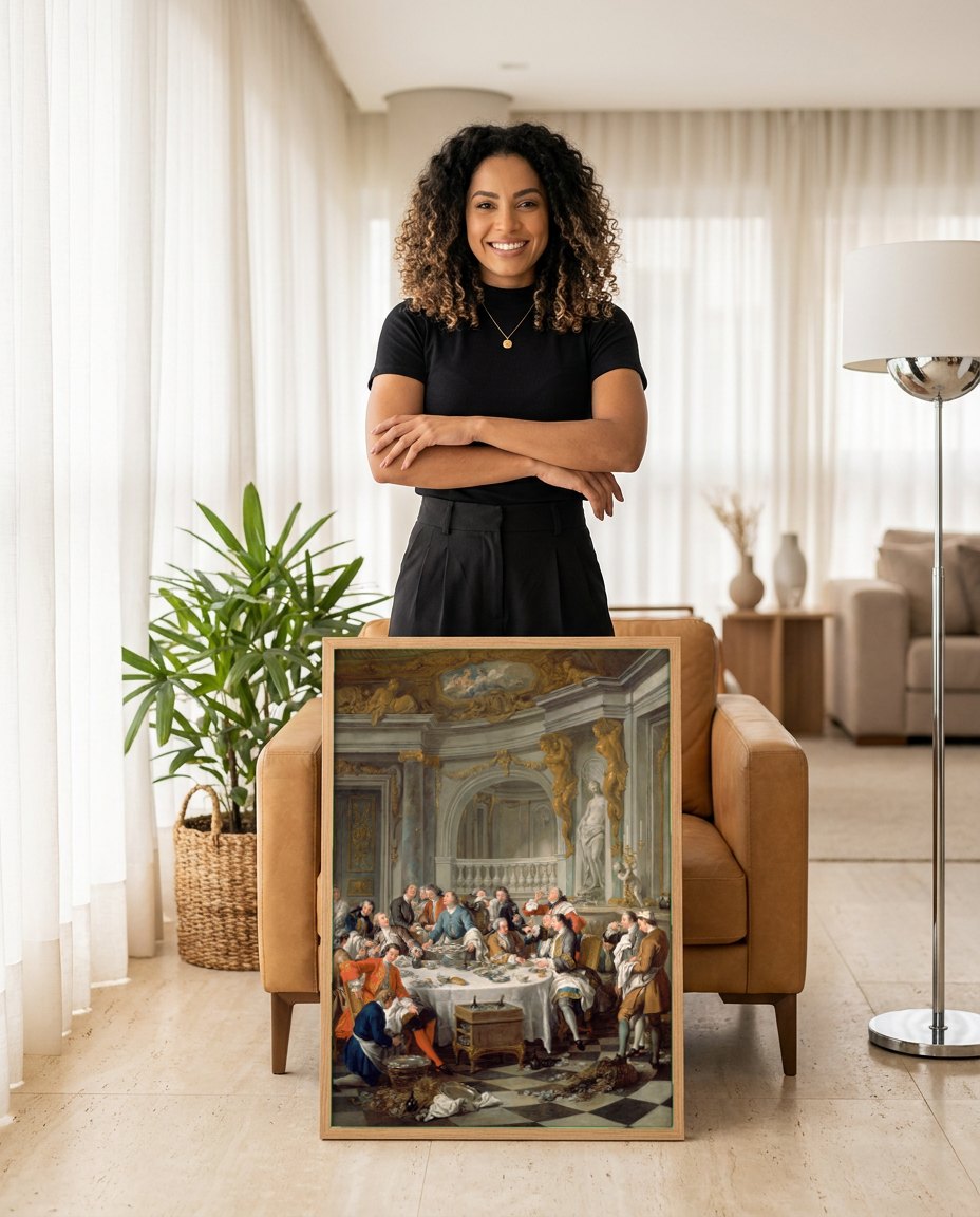 Quadro Decorativo O Almoço de Ostras - Jean François de Troy | modelo apresentando o quadro emoldurado