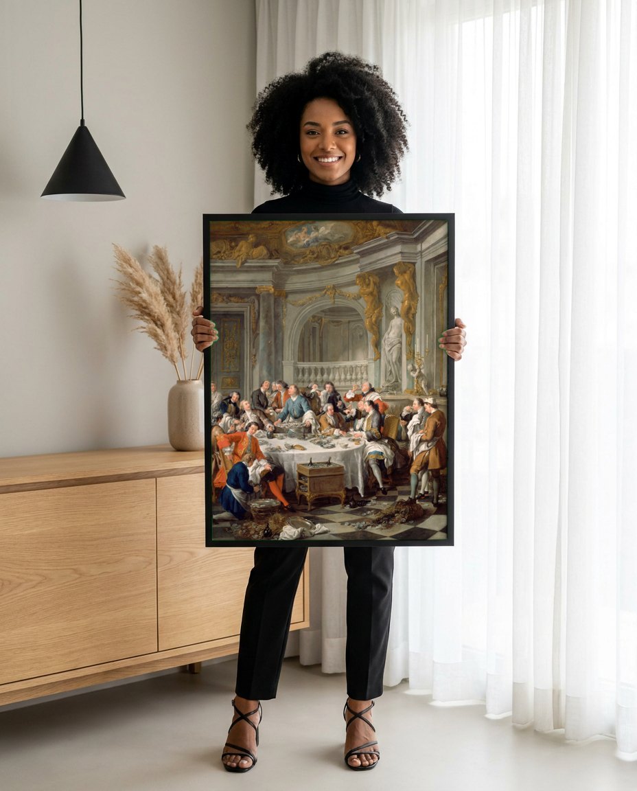 Quadro Decorativo O Almoço de Ostras - Jean François de Troy | modelo apresentando o quadro emoldurado