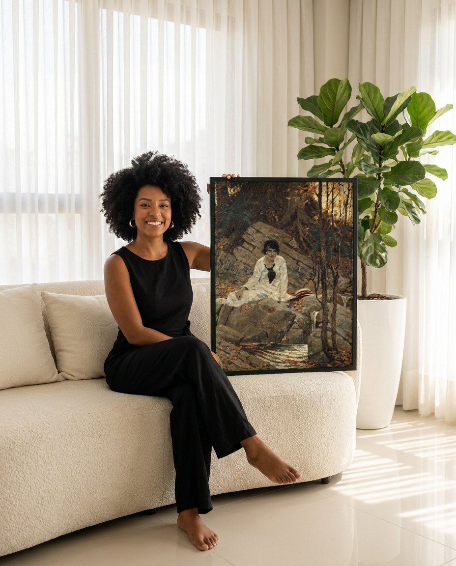 Quadro Decorativo A Jovem e o Riacho - Dean Cornwell | modelo apresentando o quadro emoldurado