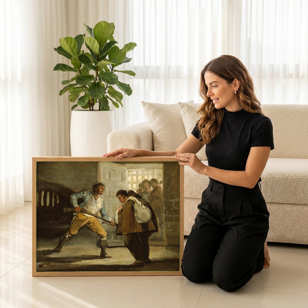 Quadro Decorativo 'Prisão' - Goya | modelo apresentando o quadro emoldurado