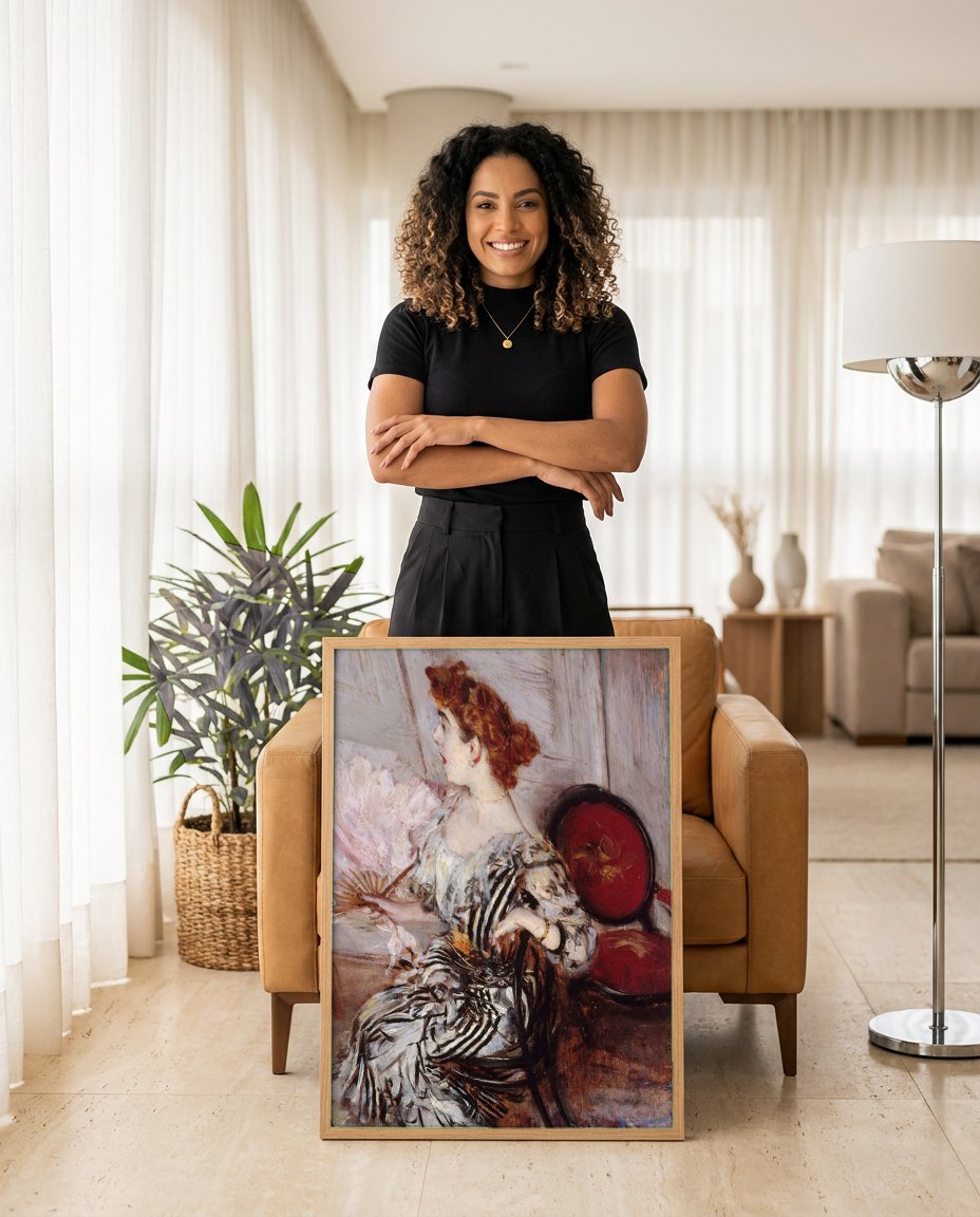 Quadro Decorativo A Dama do Leque Rosa - Giovanni Boldini com modelo em ambiente