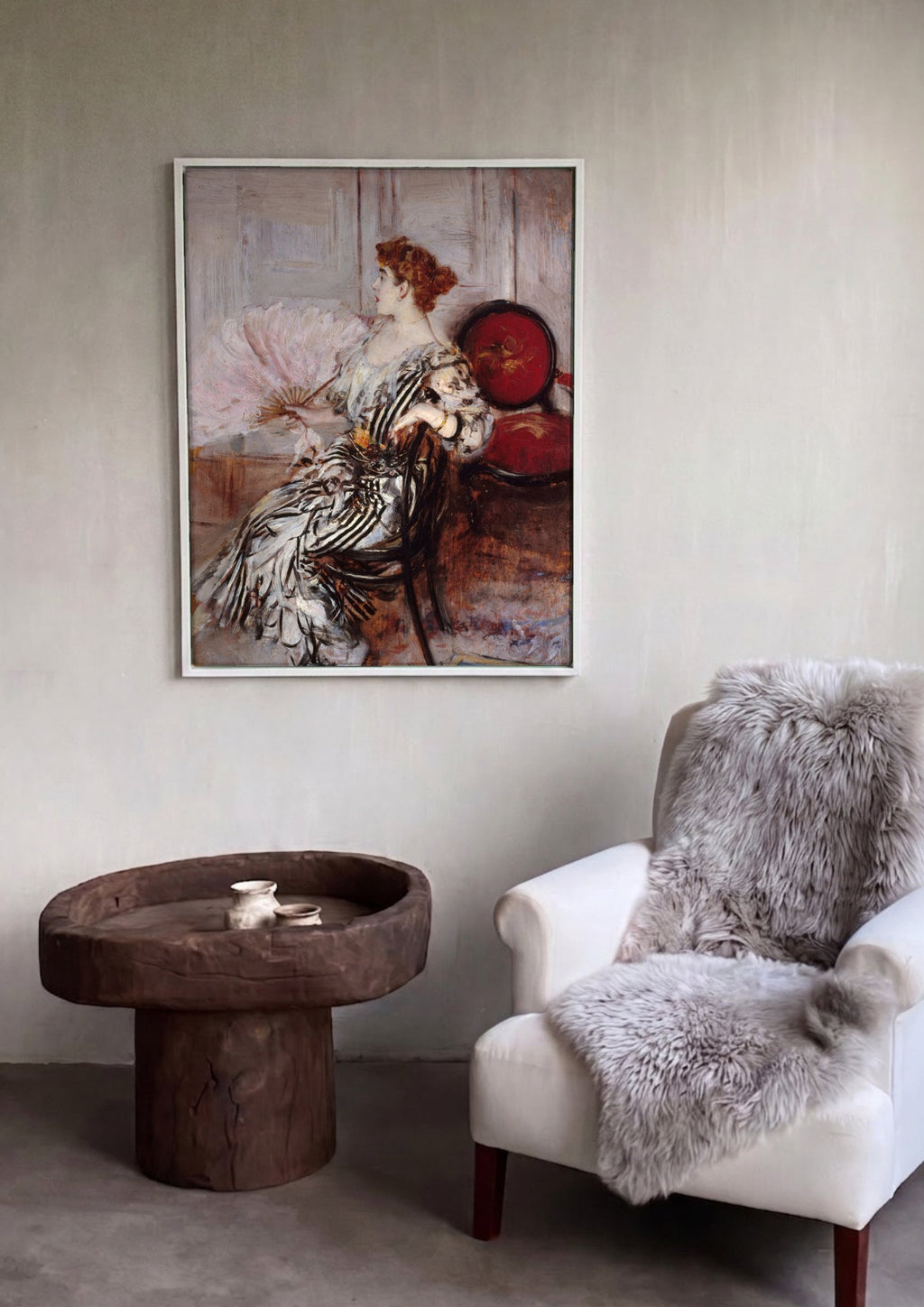 Quadro Decorativo A Dama do Leque Rosa - Giovanni Boldini em ambiente decorado