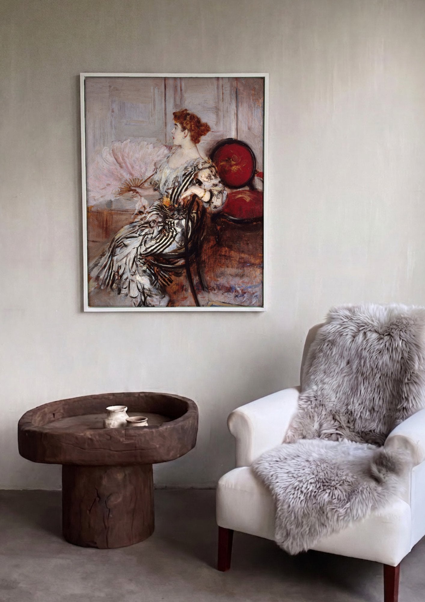 Quadro Decorativo A Dama do Leque Rosa - Giovanni Boldini em ambiente decorado