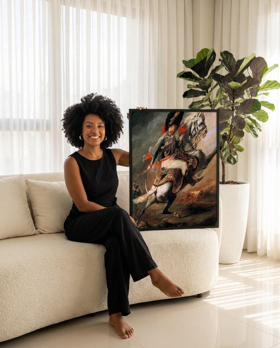 Quadro Decorativo Oficial de Cavalaria - Géricault com modelo em ambiente