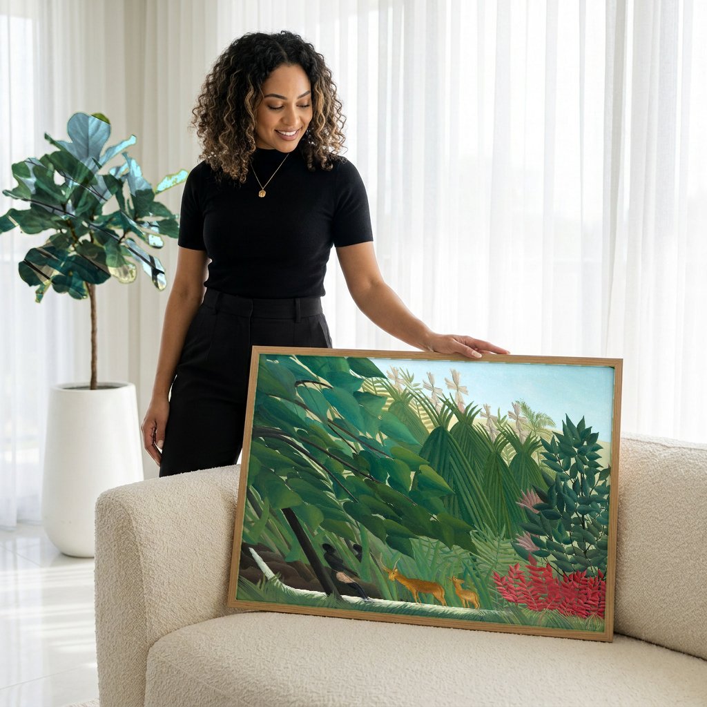 Quadro Decorativo A Floresta Encantada - Henri Rousseau com modelo em ambiente