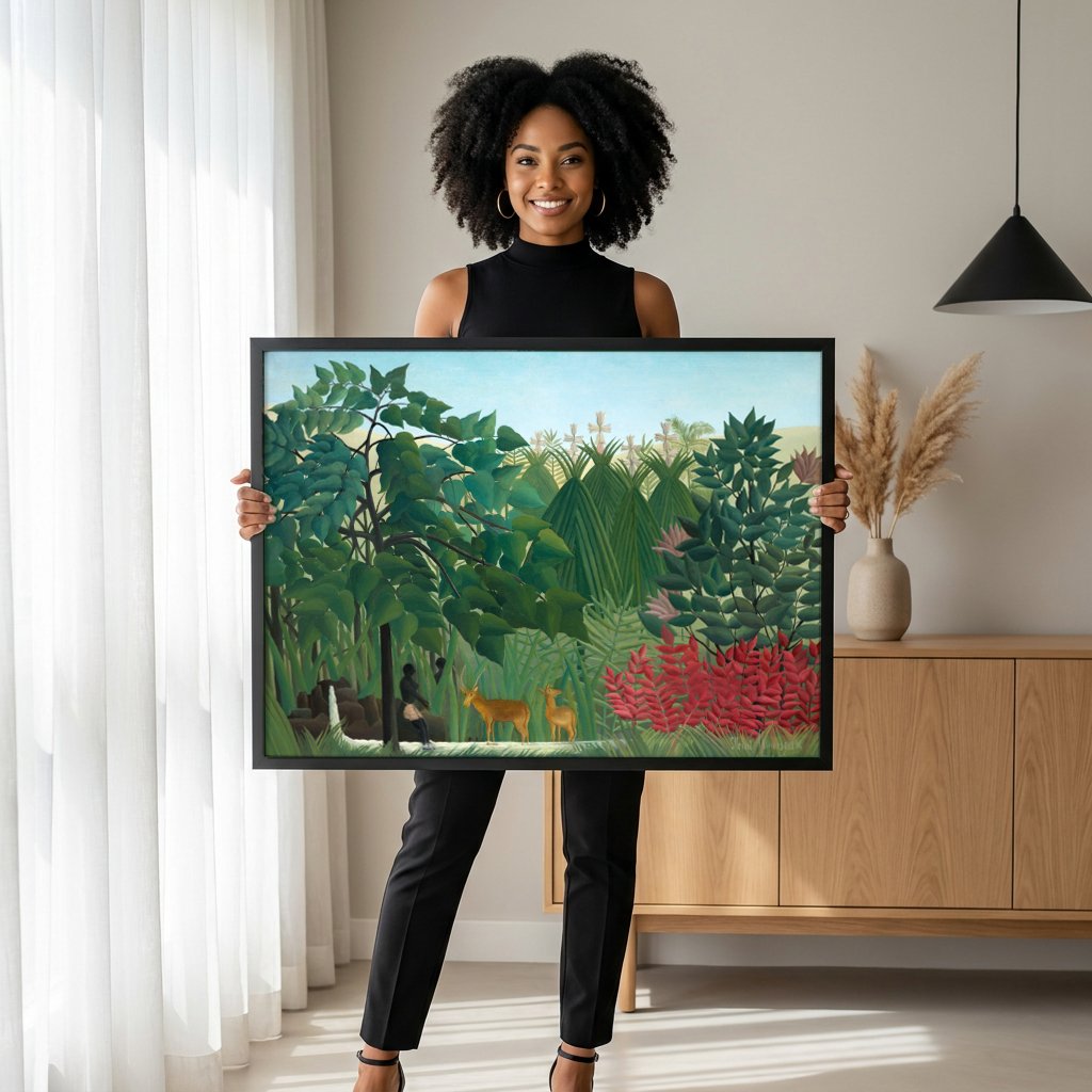 Quadro Decorativo A Floresta Encantada - Henri Rousseau com modelo em ambiente