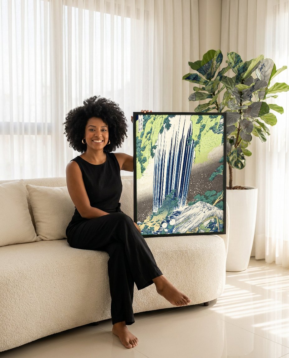 Quadro Decorativo A Cachoeira de Amida - Hokusai com modelo em ambiente