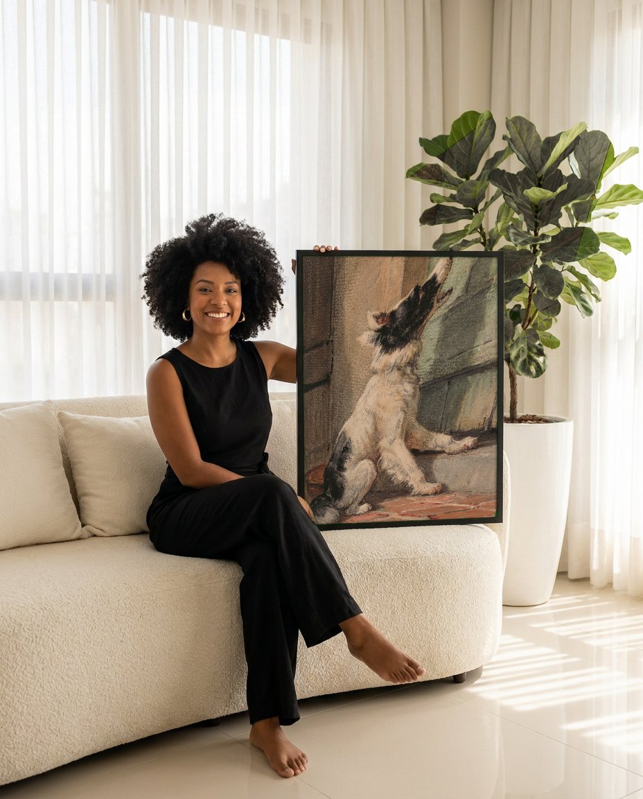 Quadro Decorativo Cão Latindo na Porta - Henriëtte Ronner-Knip com modelo em ambiente