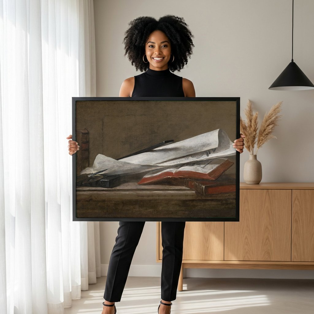 Quadro Decorativo A Mesa do Desenhista - Jean Siméon Chardin com modelo em ambiente