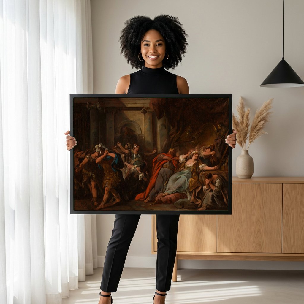 Quadro Decorativo A Morte de Cleópatra - Jean François de Troy com modelo em ambiente