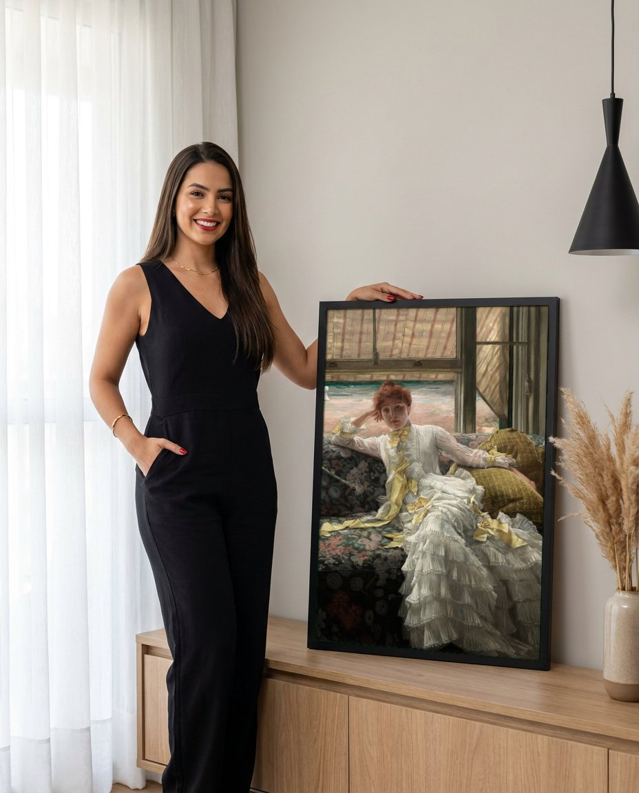 Quadro Decorativo A Senhora na Varanda - James Tissot com modelo em ambiente