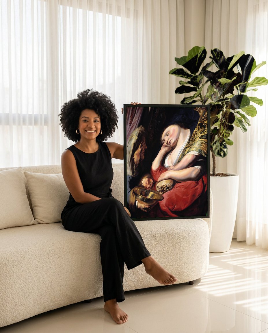 Quadro Decorativo A Penitente Madalena - Jacob Jordaens com modelo em ambiente
