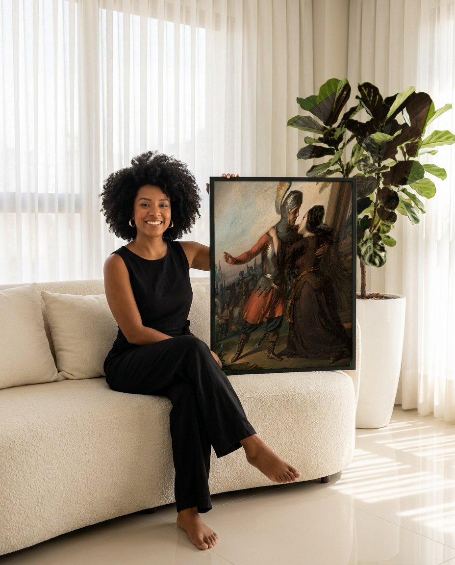 Quadro Decorativo O Cavaleiro e a Dama - Józef Simmler com modelo em ambiente