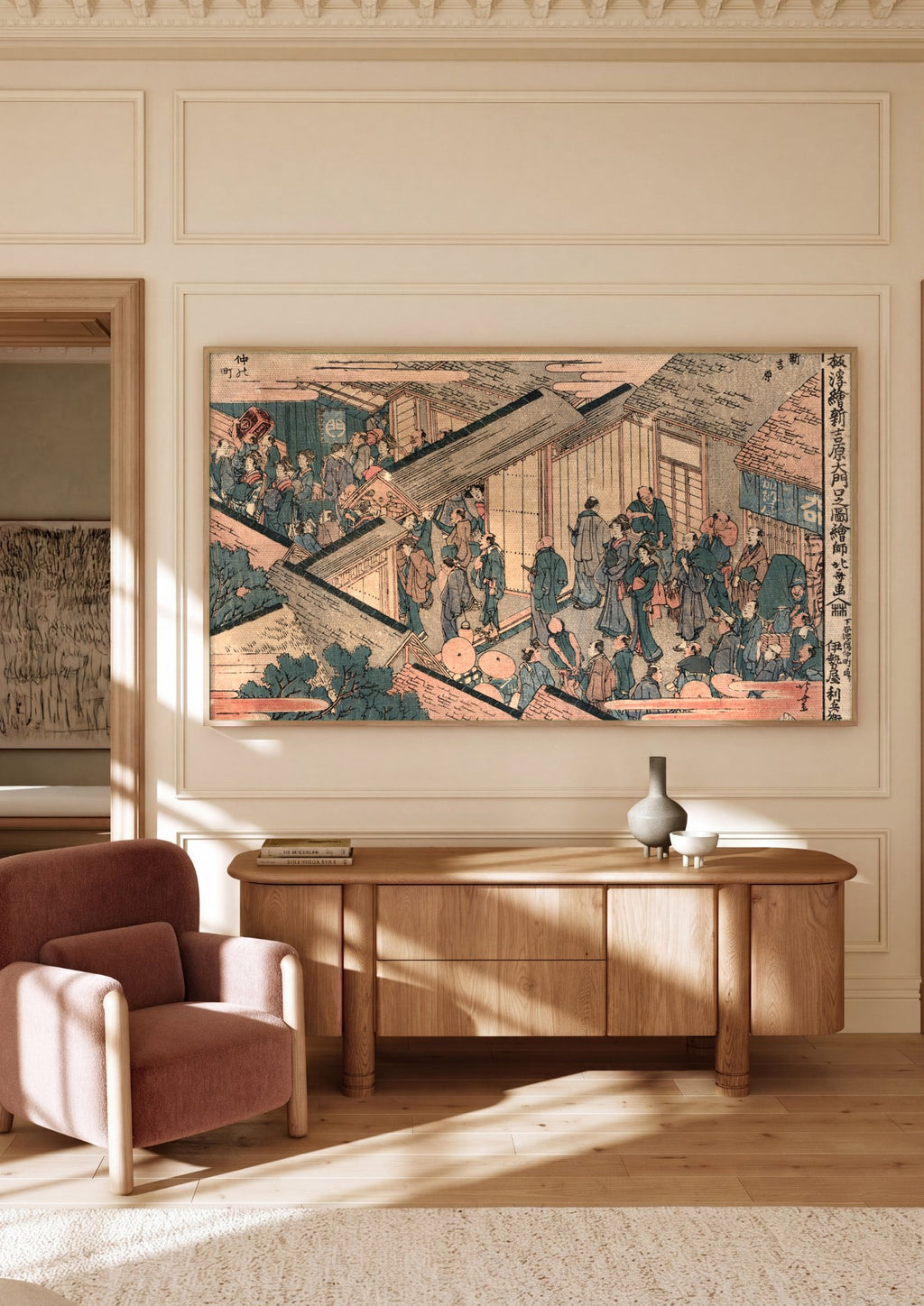 Quadro Decorativo Cena de Rua Japonesa - Katsushika Hokusai em ambiente decorado