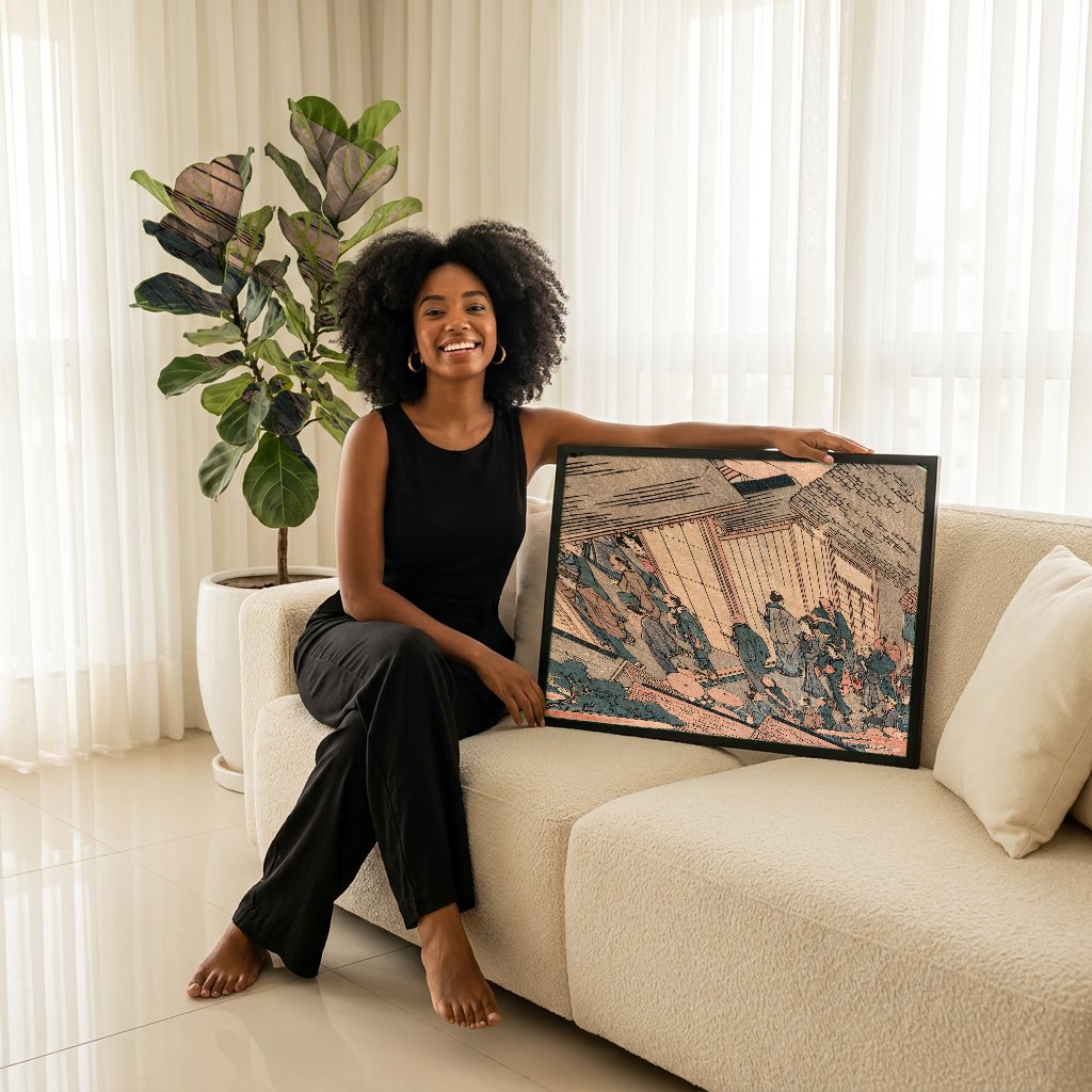 Quadro Decorativo Cena de Rua Japonesa - Katsushika Hokusai com modelo em ambiente