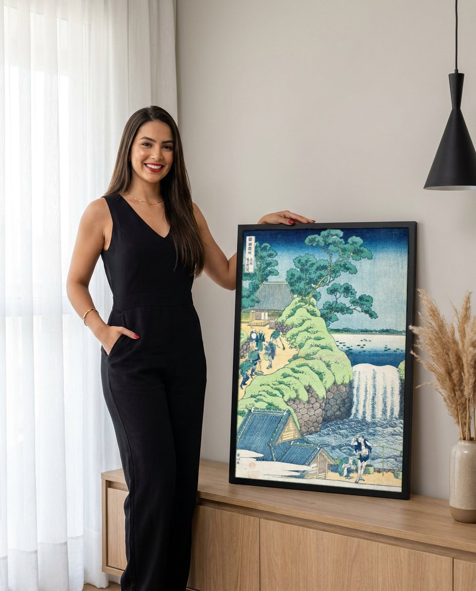 Quadro Decorativo A Cachoeira de Amida - Katsushika Hokusai com modelo em ambiente