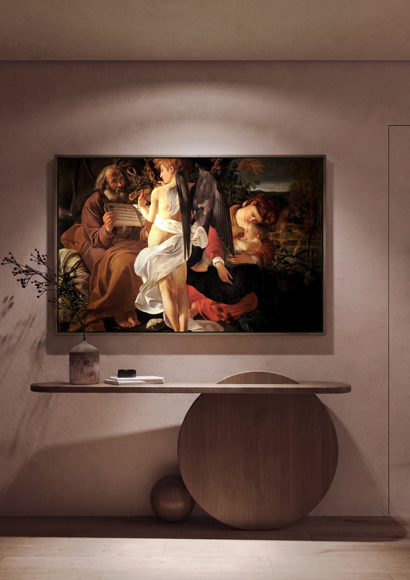 Quadro Decorativo 'Repouso na Fuga para o Egito' - Caravaggio em ambiente decorado
