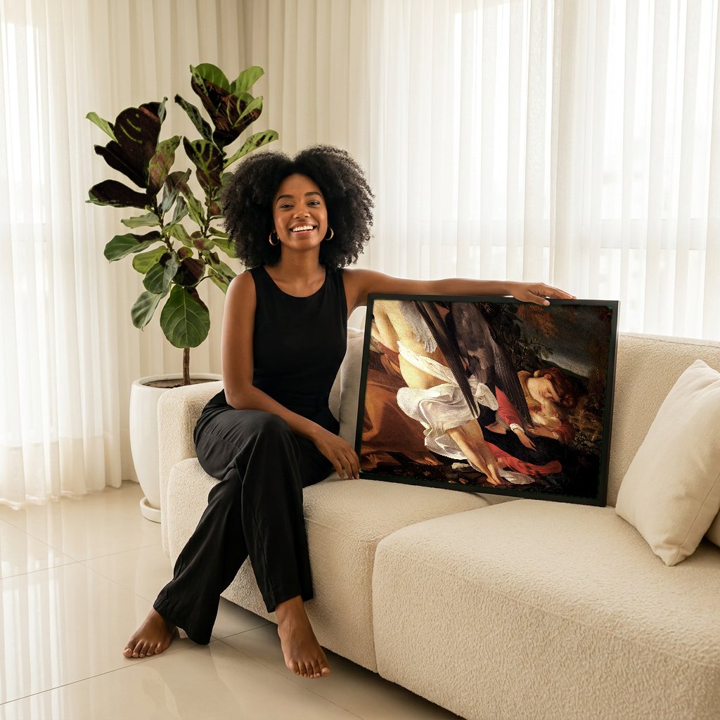 Quadro Decorativo 'Repouso na Fuga para o Egito' - Caravaggio com modelo em ambiente