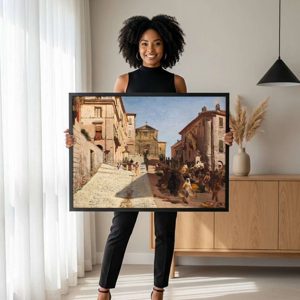 Quadro Decorativo Cena de Rua Italiana - Oswald Achenbach com modelo em ambiente