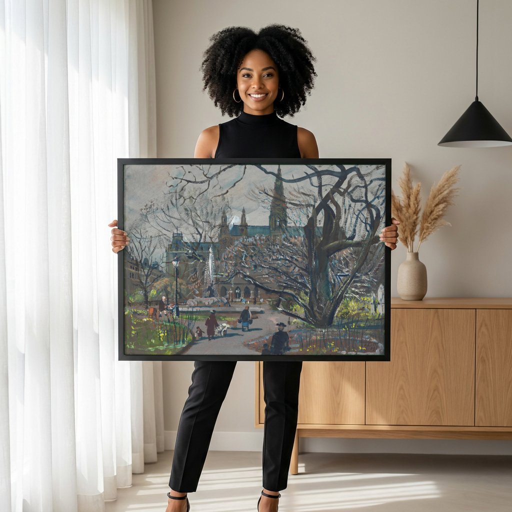 Quadro Decorativo Cena Urbana em Viena - Oskar Laske com modelo em ambiente