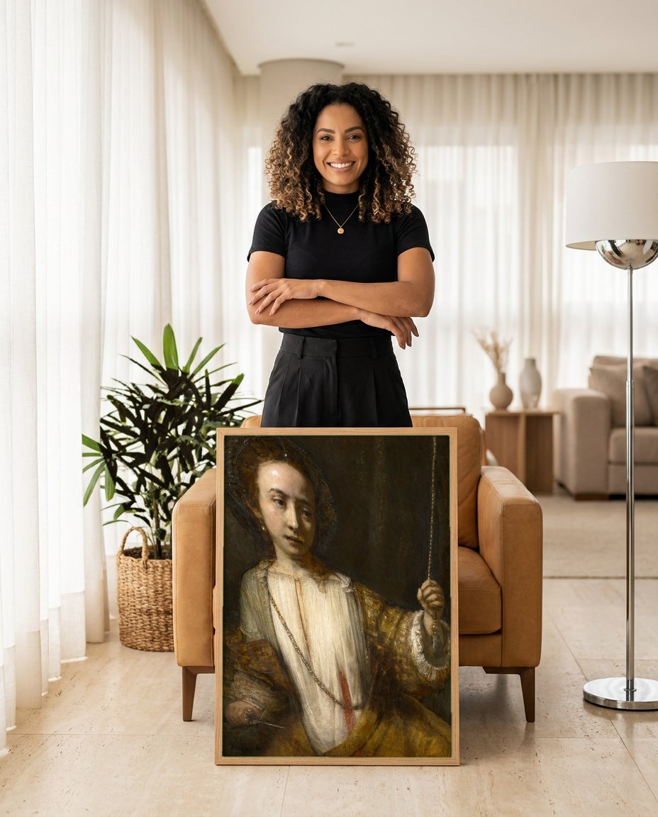 Quadro Decorativo 'Artemísia' ou 'Minerva' - Rembrandt com modelo em ambiente