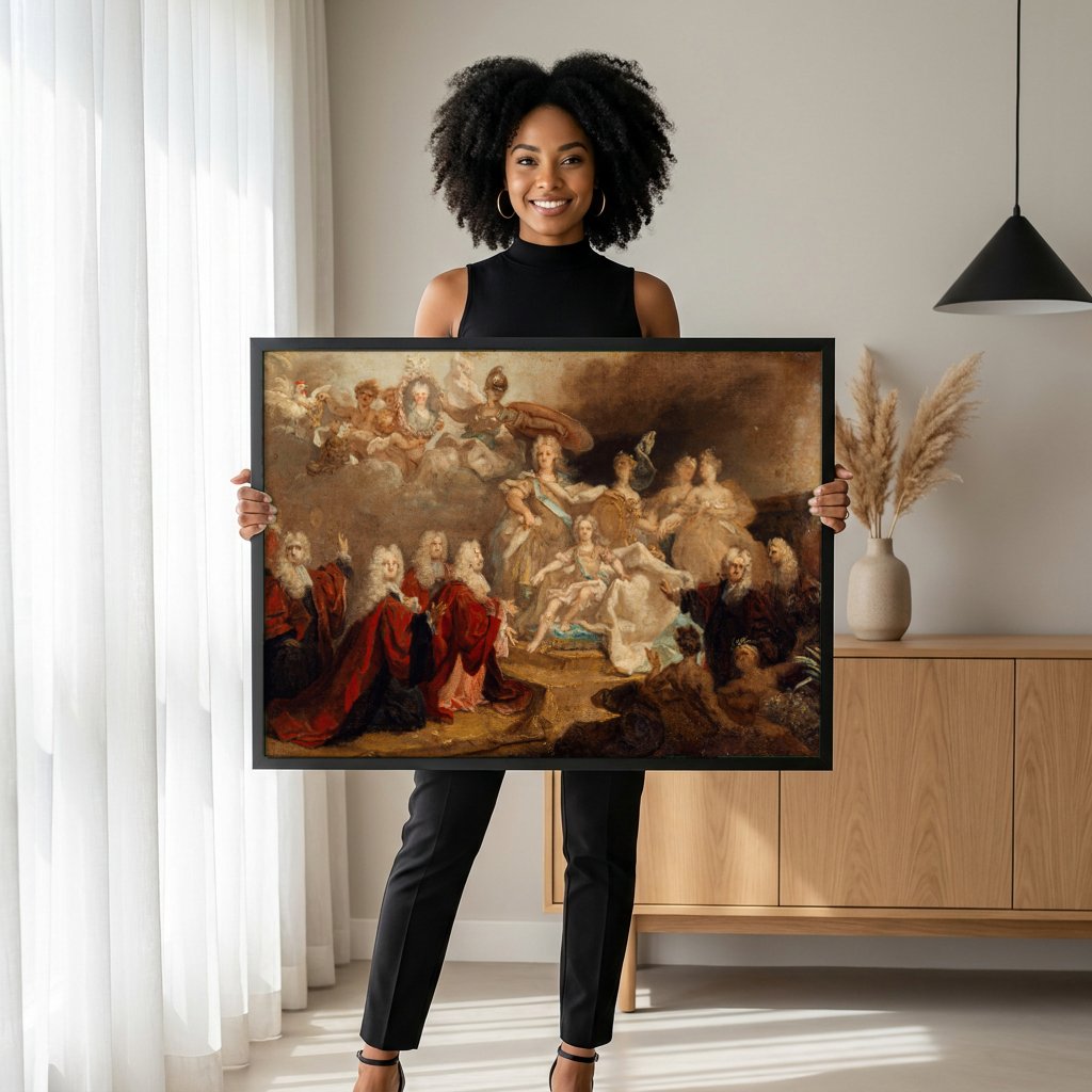 Quadro Decorativo A Rainha e a Família Real - Nicolas de Largillière com modelo em ambiente