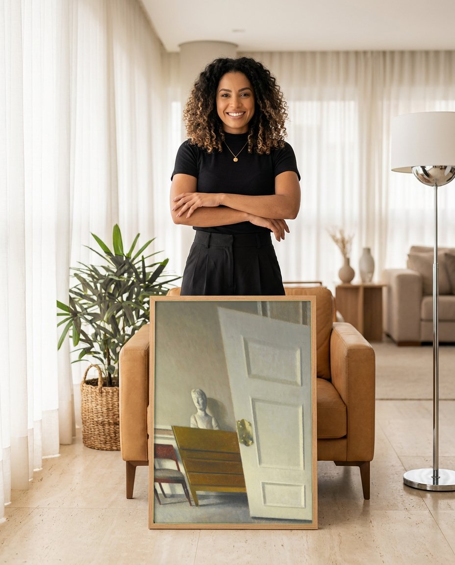 Quadro Decorativo Interior com Estátua - Vilhelm Hammershøi com modelo em ambiente
