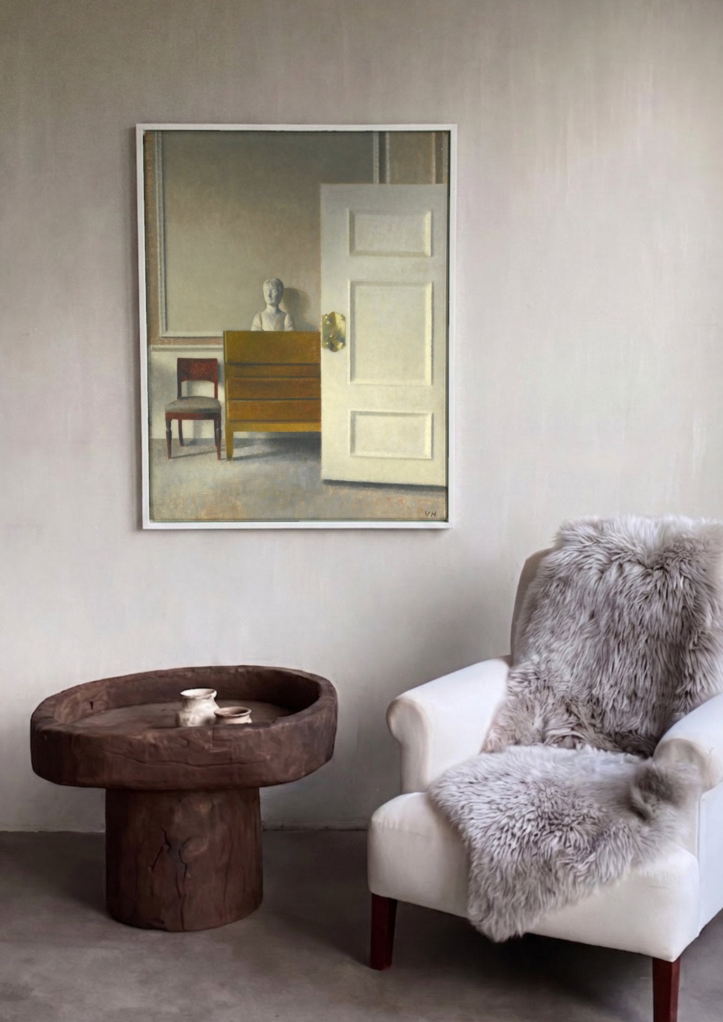 Quadro Decorativo Interior com Estátua - Vilhelm Hammershøi em ambiente decorado