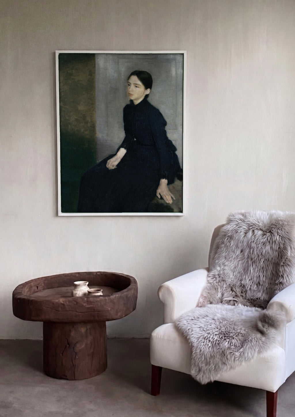 Quadro Decorativo 'Jovem Mulher Sentada' - Vilhelm Hammershøi em ambiente decorado