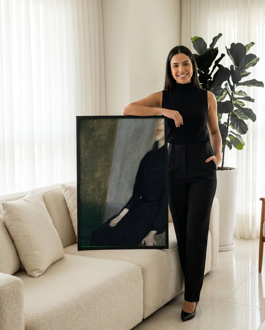 Quadro Decorativo 'Jovem Mulher Sentada' - Vilhelm Hammershøi com modelo em ambiente